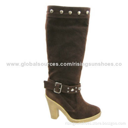Women's dress boots with fake suede upper, metal beads embellished around edge